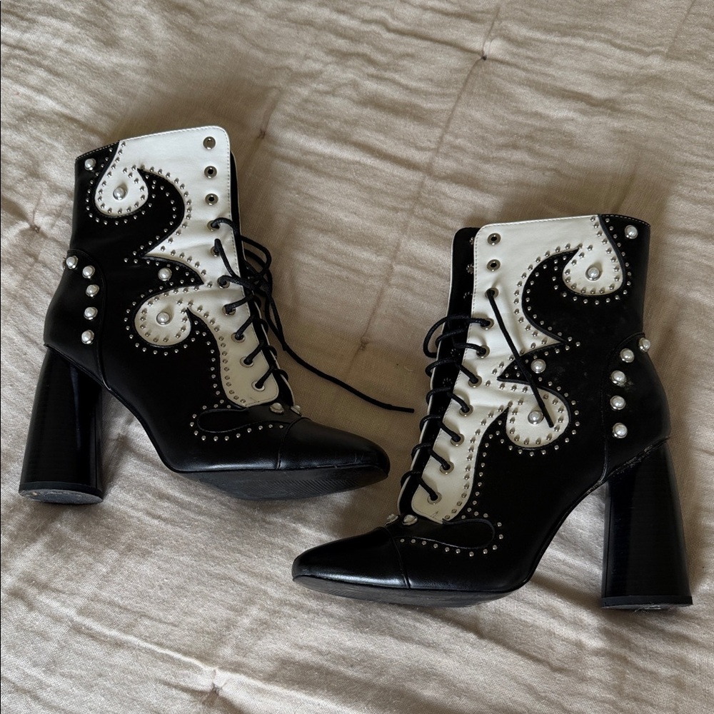 Elegant Black and White Lace-Up Boots
